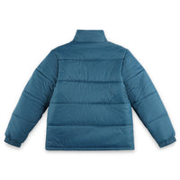 Back of Topo Designs Men's Puffer recycled insulated Jacket in "Pond Blue"