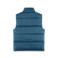 Back of Topo Designs Men's Mountain Puffer recycled insulated Vest in "Pond Blue"