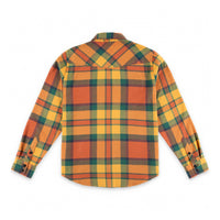 Back of Topo Designs men's mountain organic cotton flannel shirt in "brick / mustard plaid" orange