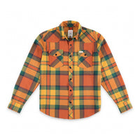 Topo Designs men's mountain organic cotton flannel shirt in "brick / mustard plaid" orange