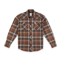 Topo Designs men's mountain organic cotton flannel shirt in "earth / tan plaid" brown