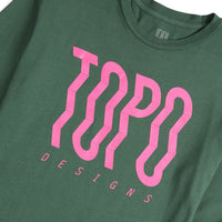 Detail of Topo Designs Men's Wavy Tee 100% organic cotton long-sleeve graphic t-shirt in "forest" green.