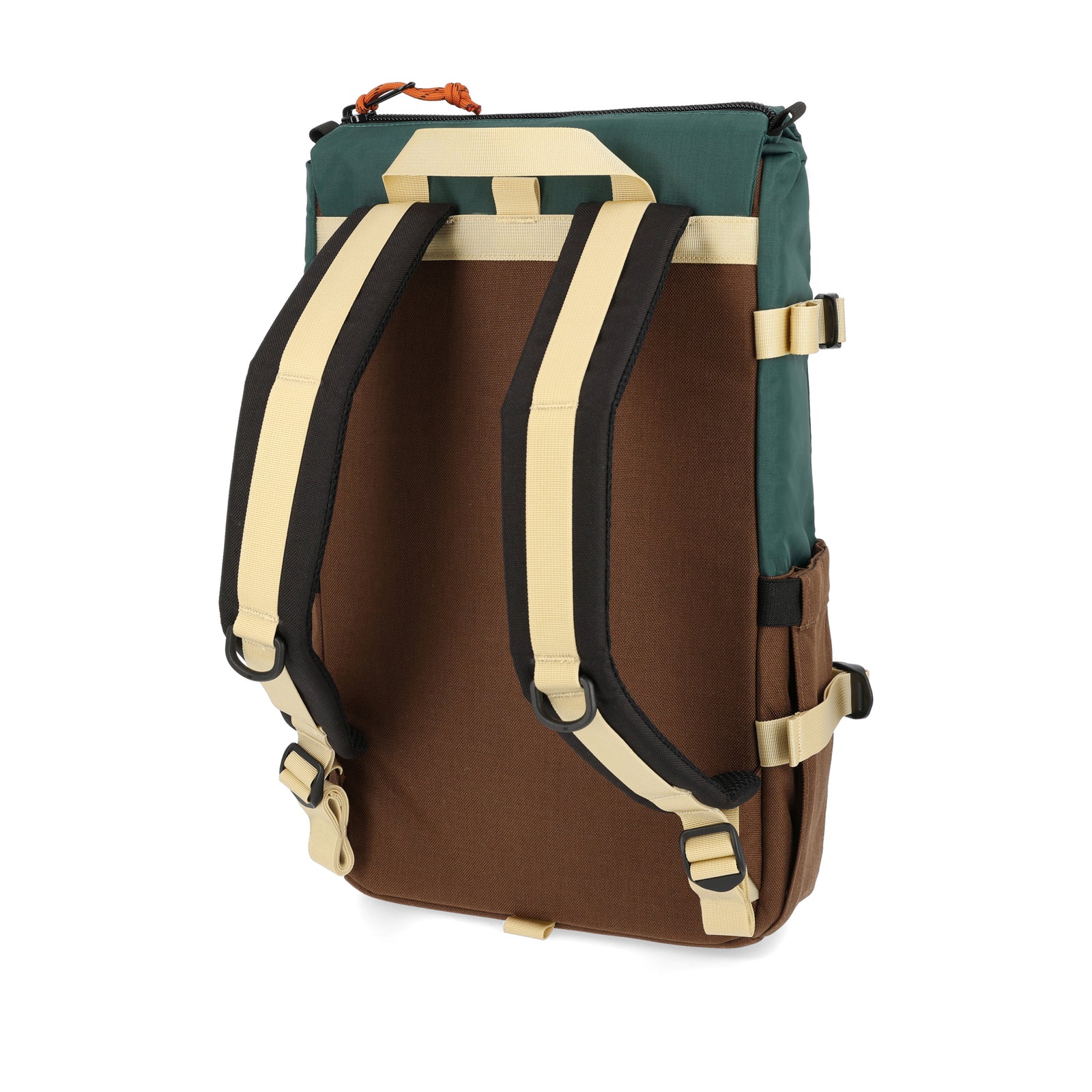 Back of Topo Designs Rover Pack Classic laptop backpack in recycled "Forest / Cocoa" green brown.