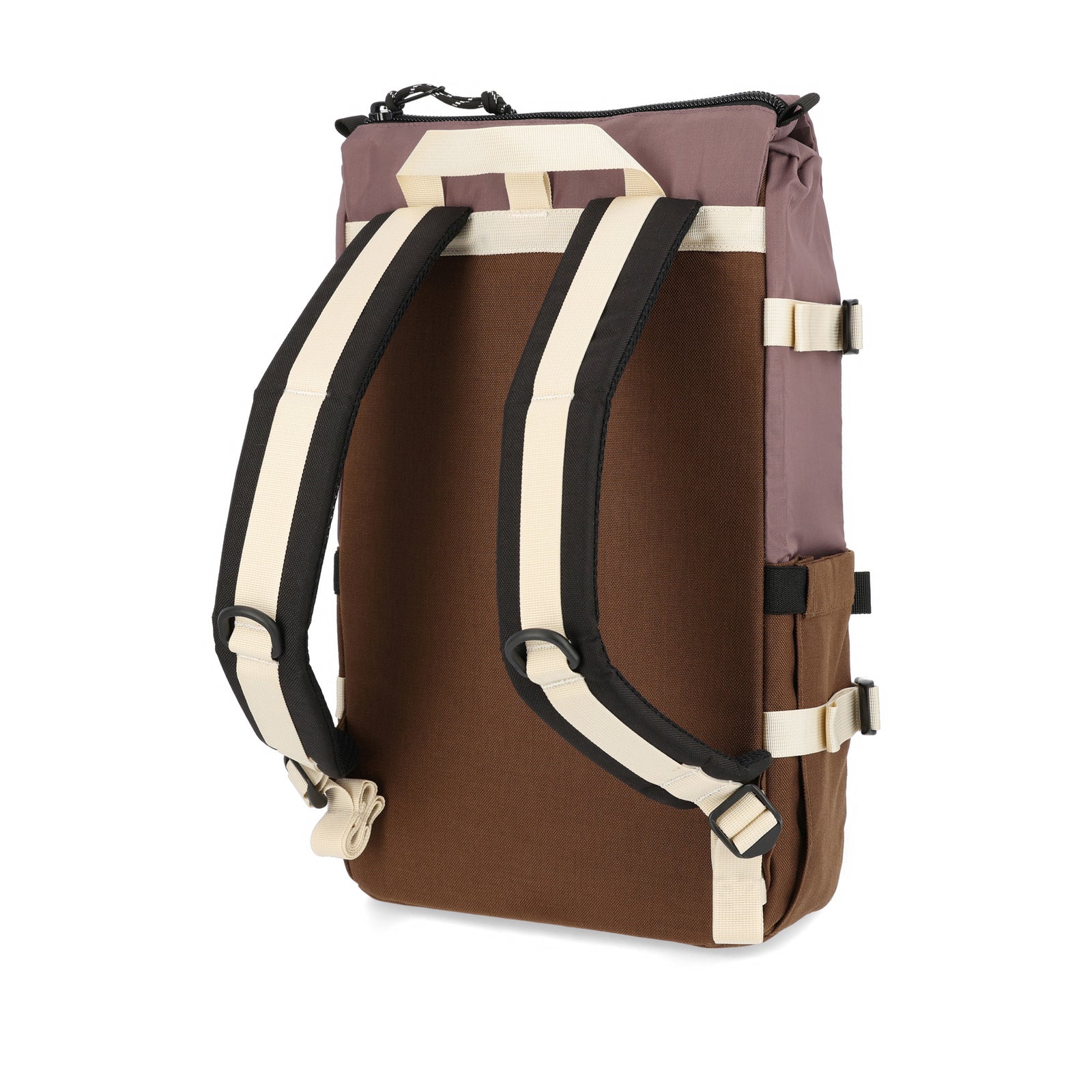 Back of Topo Designs Rover Pack Classic laptop backpack in recycled "Peppercorn / Cocoa" purple brown.