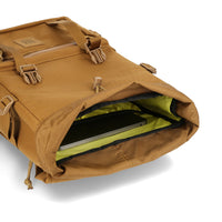 General detail Shot of the Topo Designs Rover Pack Tech in "Dark Khaki" brown showing yellow inside and laptop sleeve