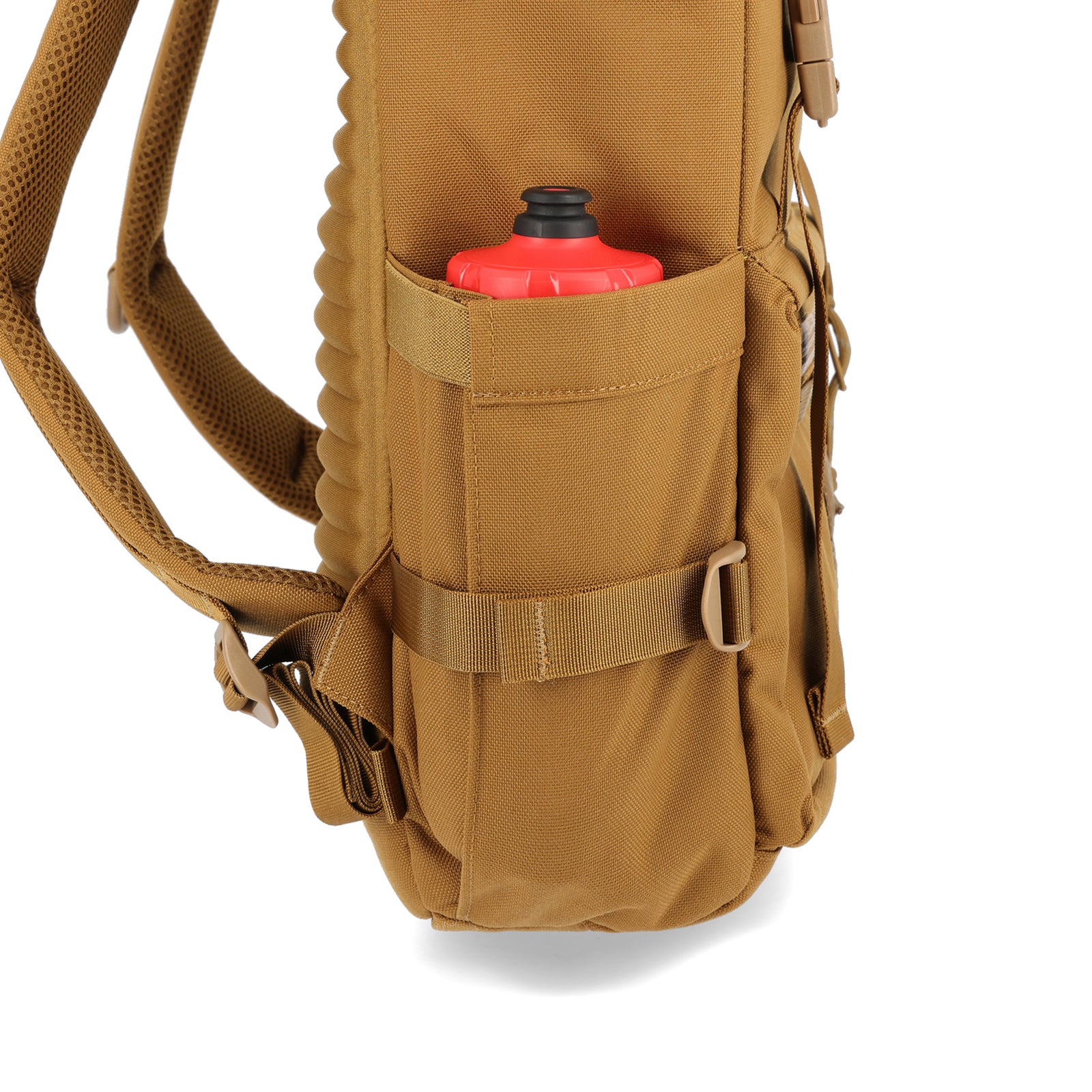 General detail Shot of the Topo Designs Rover Pack Tech in "Dark Khaki" brown showing expandable water bottle side pockets