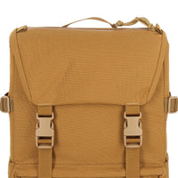General detail Shot of the Topo Designs Rover Pack Tech in "Dark Khaki" brown showing top zipper pouch and front buckles.