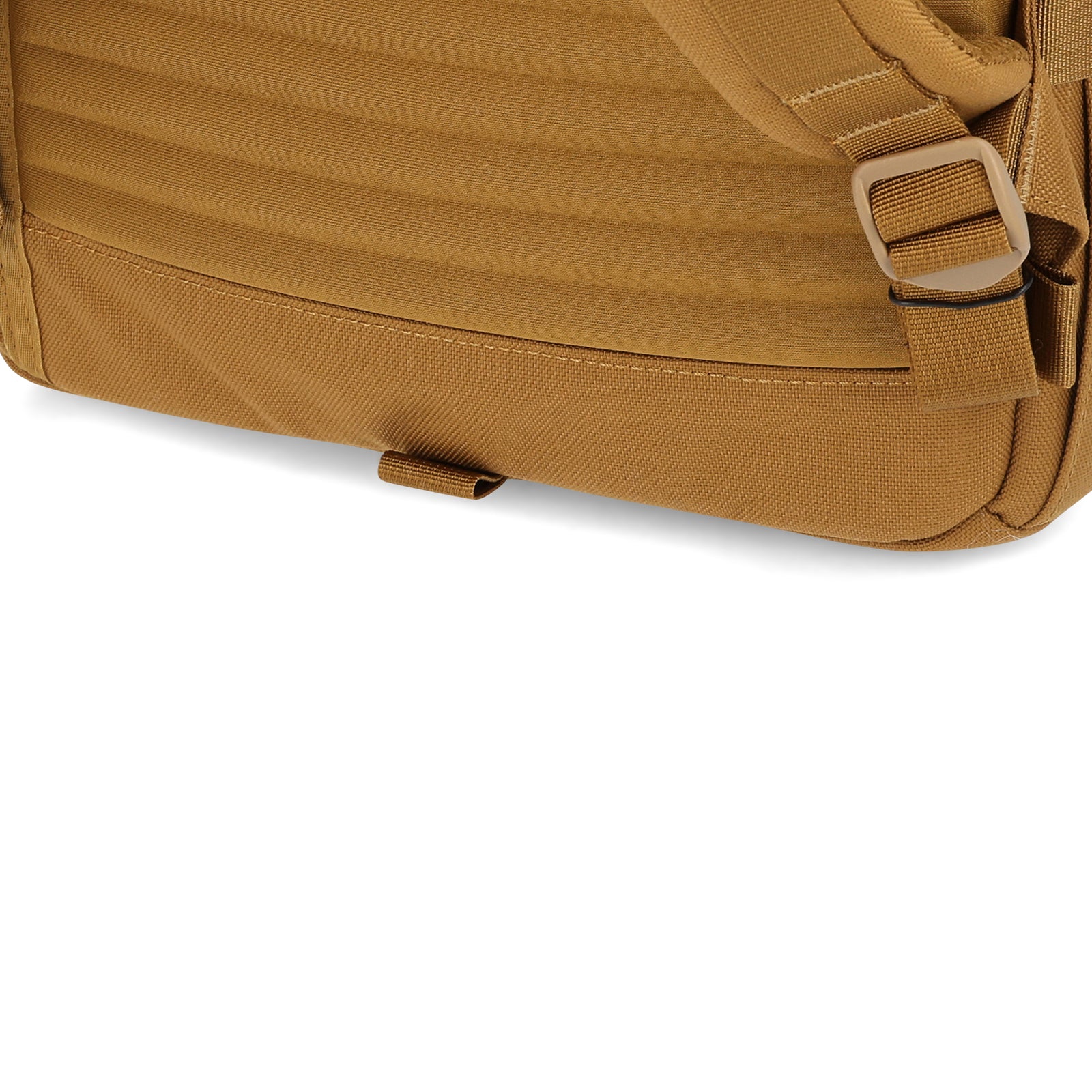 General detail Shot of the Topo Designs Rover Pack Tech in "Dark Khaki" brown showing bottom attachment point.