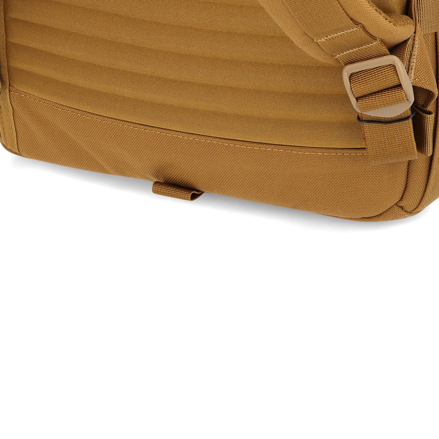 General detail Shot of the Topo Designs Rover Pack Tech in "Dark Khaki" brown showing bottom attachment point.