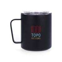 Back of Topo Designs x Miir Camp Mug in "Black Type-O" showing logo.