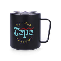 Topo Designs x Miir Camp Mug in "Black Type-O" showing graphic logo