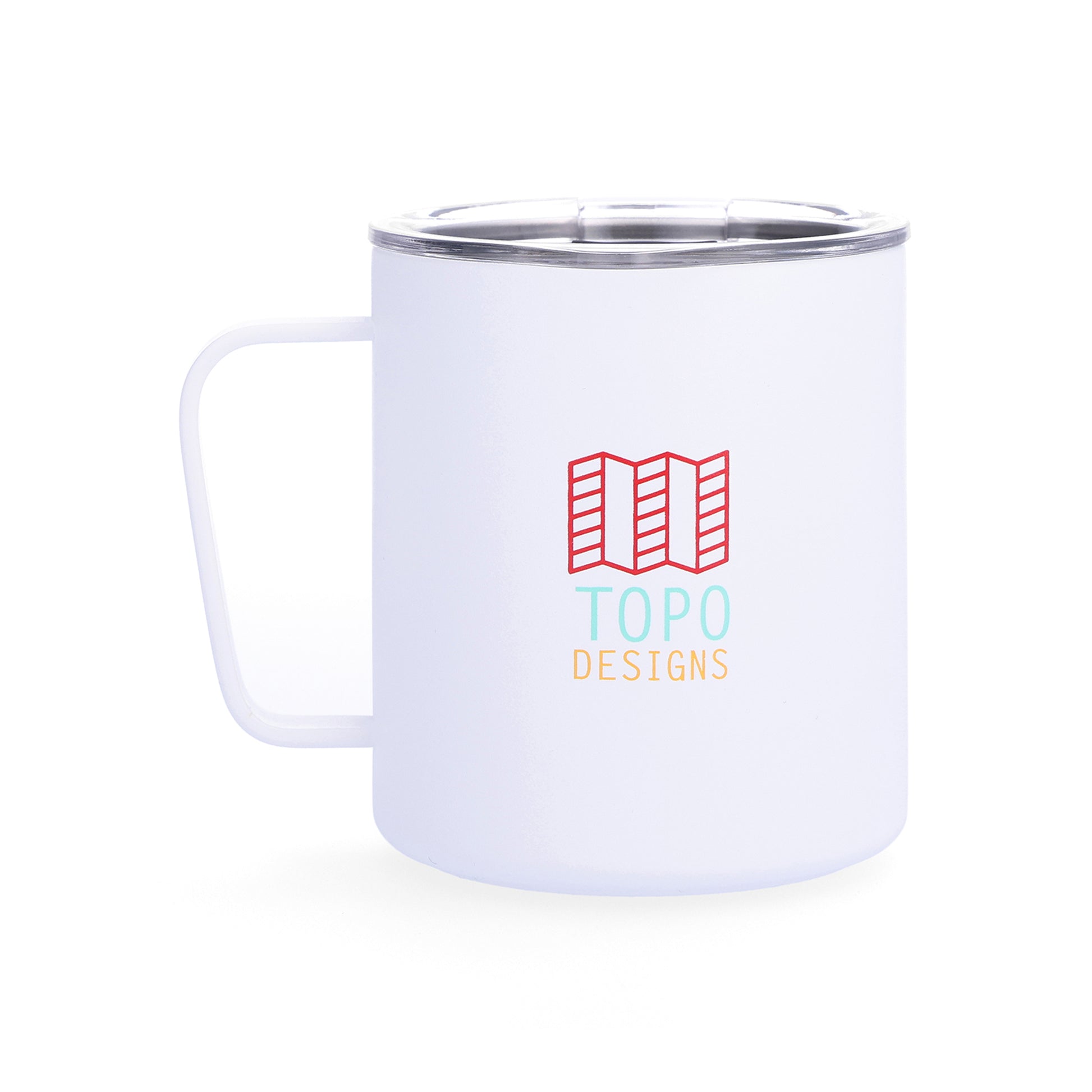 Topo Designs x Miir Camp Mug in "White Arcade Mountain" showing logo