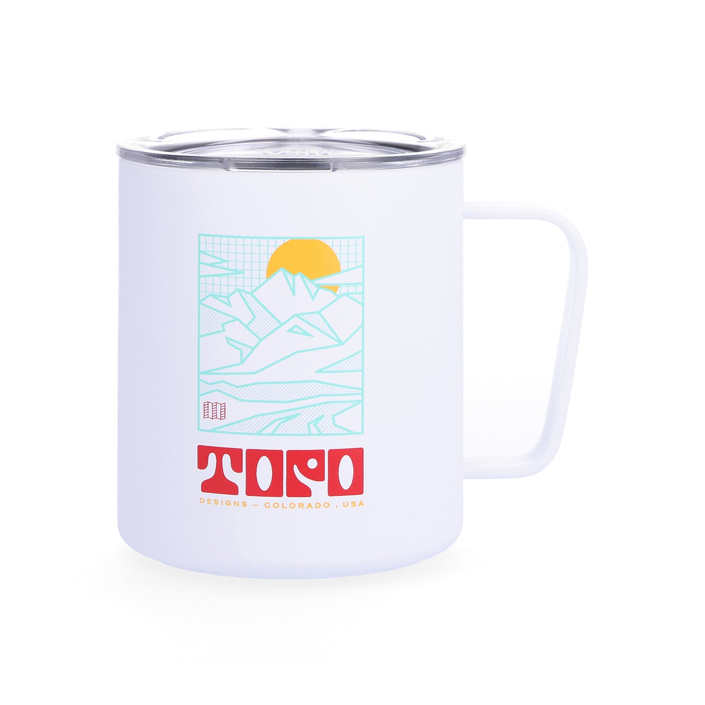 Topo Designs x Miir Camp Mug in "White Arcade Mountain" showing graphic logo