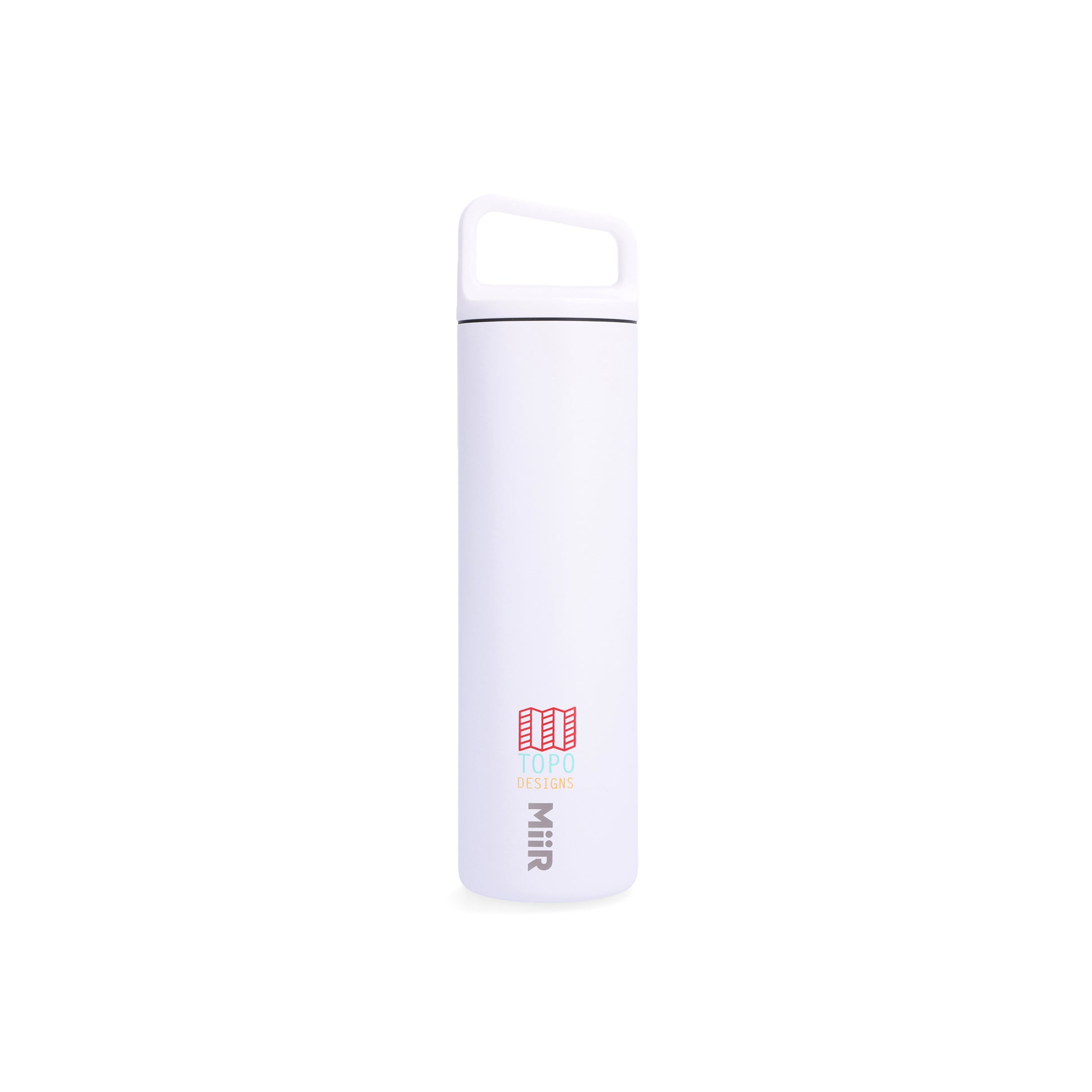 Back of Topo Designs x Miir 20 oz Water Bottle in "White Arcade Mountain" showing logos on back.