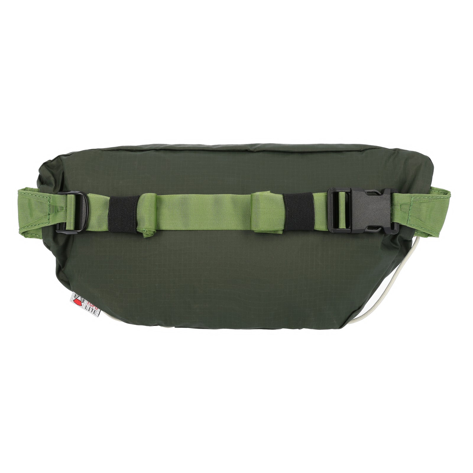 Back and waist belt on Topo Designs TopoLite Hip Pack Ultralight fanny pack crossbody bum bag in "olive" green.