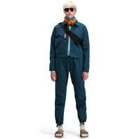 Front model shot of Topo Designs Women's Dirt Jacket 100% organic cotton shirt jacket in "pond blue"