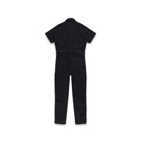 Back of Topo Designs Women's Dirt Coverall 100% organic cotton short sleeve jumpsuit in "black"