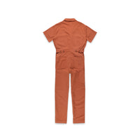 Back of Topo Designs Women's Dirt Coverall 100% organic cotton short sleeve jumpsuit in "brick" orange