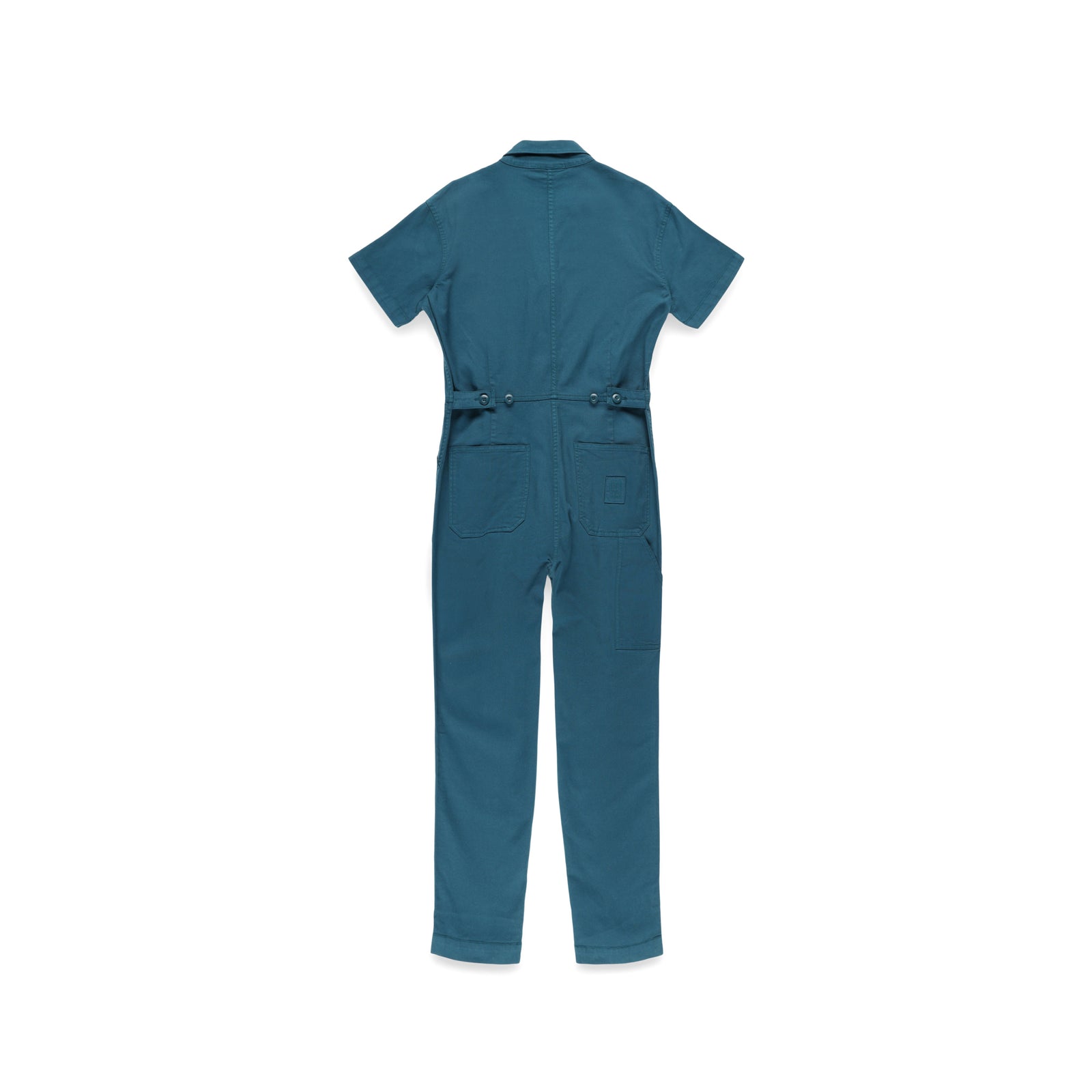 Back of Topo Designs Women's Dirt Coverall 100% organic cotton short sleeve jumpsuit in "pond blue"