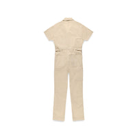 Back of Topo Designs Women's Dirt Coverall 100% organic cotton short sleeve jumpsuit in "sand" white