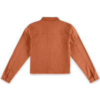 Back of Topo Designs Women's Dirt Jacket 100% organic cotton shirt jacket in "brick" orange