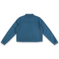 Back of Topo Designs Women's Dirt Jacket 100% organic cotton shirt jacket in "pond blue"