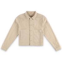 Topo Designs Women's Dirt Jacket 100% organic cotton shirt jacket in "sand" brown white