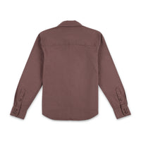 Back of Topo Designs Women's Dirt Shirt 100% organic cotton long sleeve button-up in "peppercorn" brown purple.