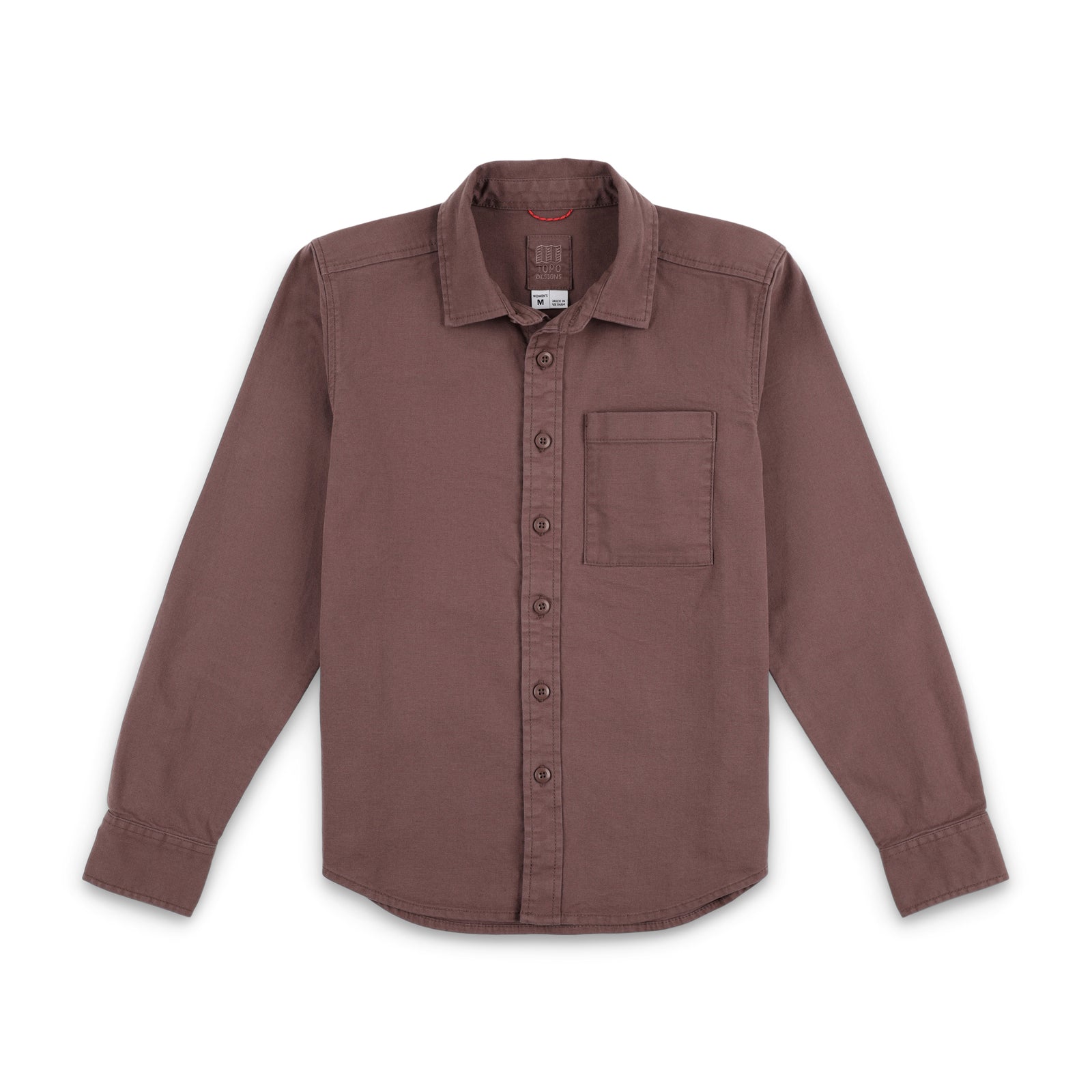 Topo Designs Women's Dirt Shirt 100% organic cotton long sleeve button-up in "peppercorn" brown purple.