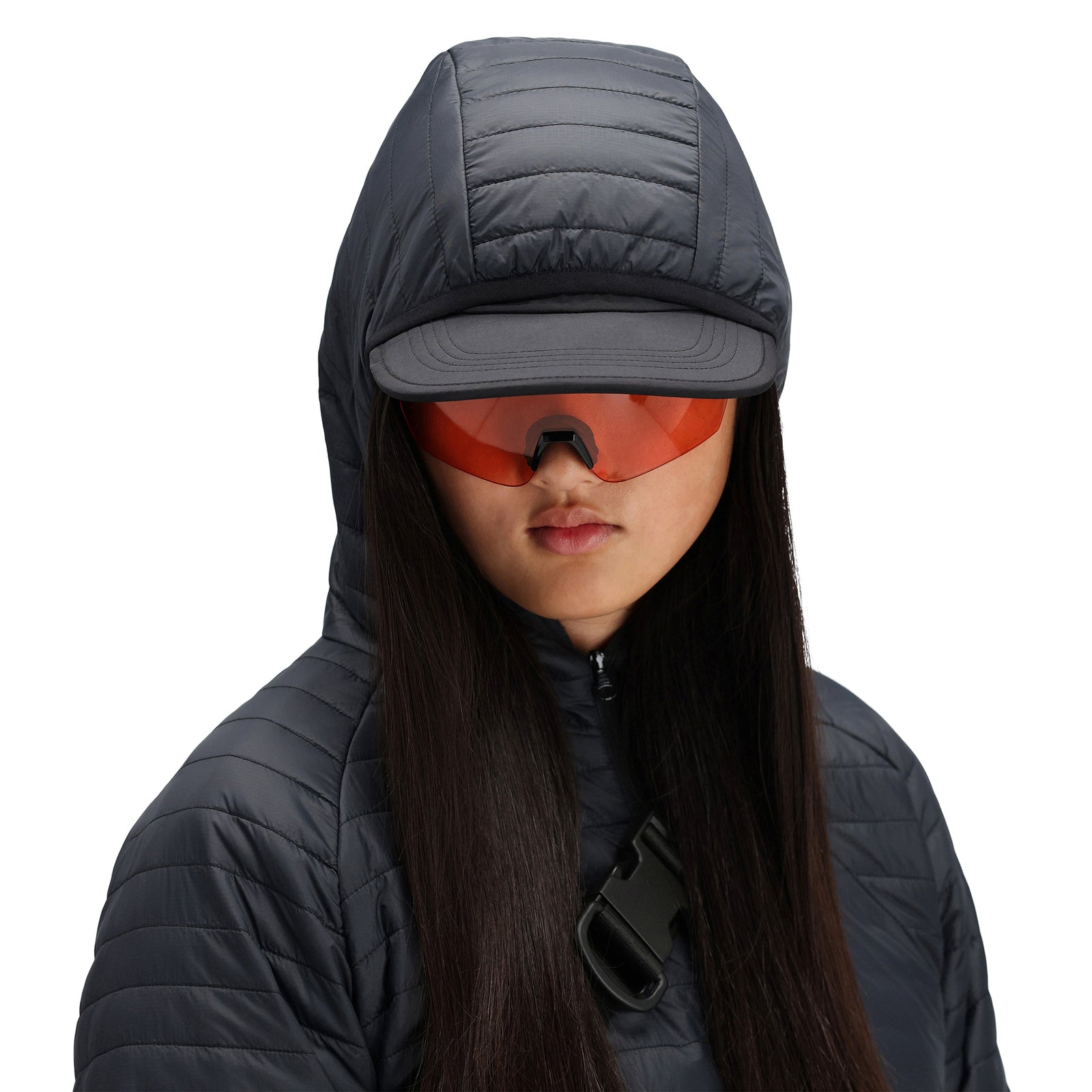 General detail shot of hood on Topo Designs Women's Global Puffer recycled insulated packable Hoodie jacket in "black"