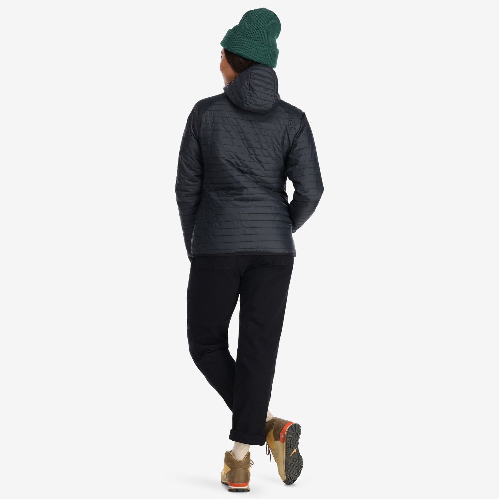 Back model shot of Topo Designs Women's Global Puffer recycled insulated packable Hoodie jacket in "black"