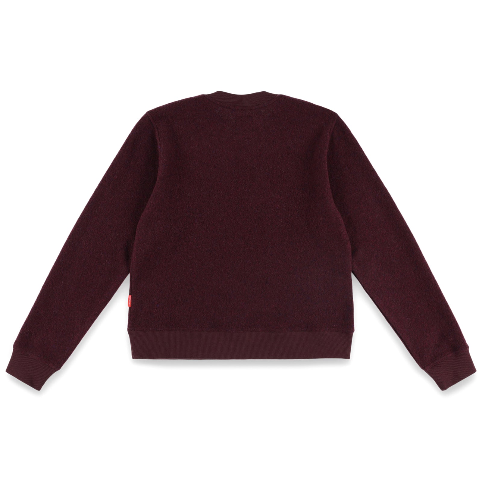 Back of Topo Designs Women's Global Sweater recycled Italian wool crewneck pullover in "Burgundy" red
