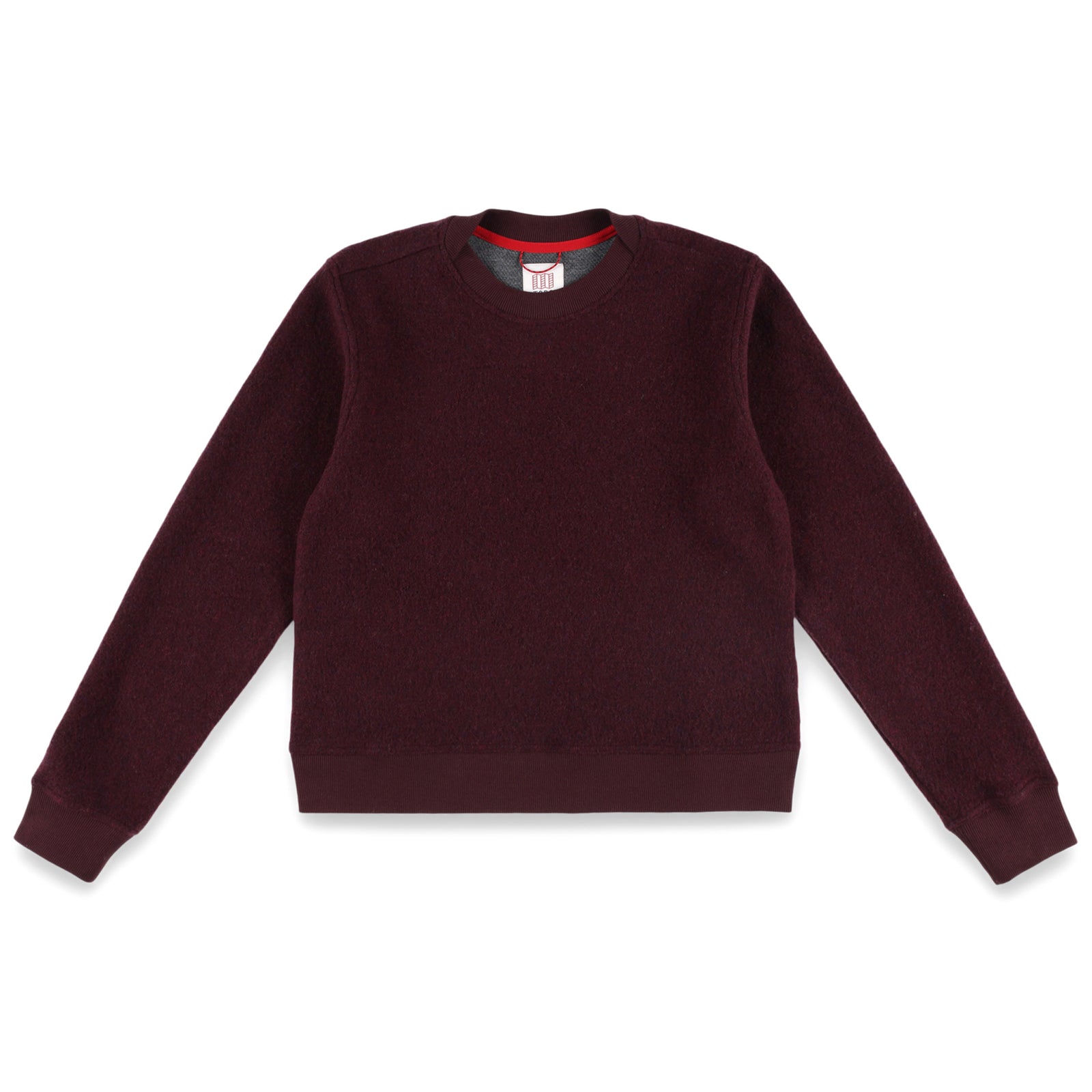 Topo Designs Women's Global Sweater recycled Italian wool crewneck pullover in "Burgundy" red