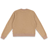 Back of Topo Designs Women's Global Sweater recycled Italian wool crewneck pullover in "Camel" brown