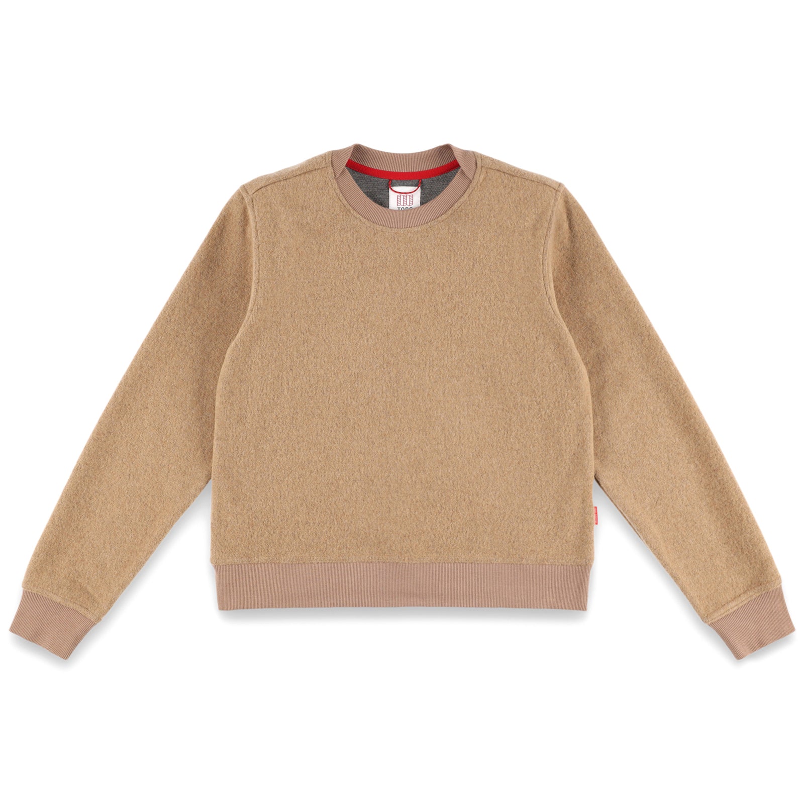 Topo Designs Women's Global Sweater recycled Italian wool crewneck pullover in "Camel" brown