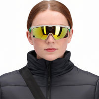Front model shot of Topo Designs Women's Puffer recycled insulated Jacket in "Black" showing zipper and collar.
