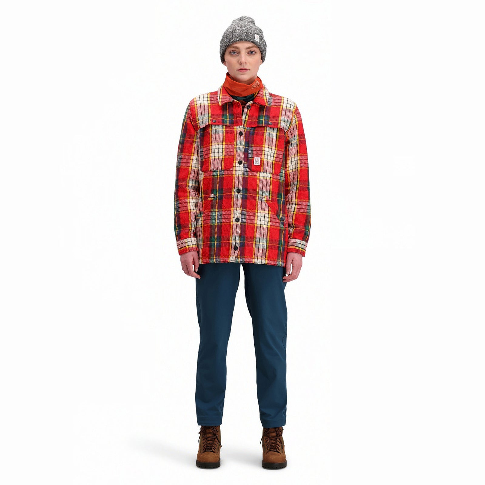 Front model shot of Topo Designs Women's Mountain Shirt Jacket in "red / yellow plaid". Show on  "brown / natural plaid"