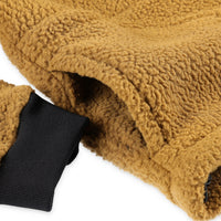 General detail shot of hand pockets on Topo Designs Women's Mountain Fleece Pullover in "dark khaki" brown