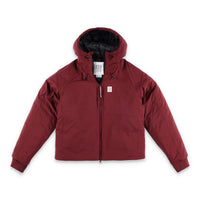 Topo Designs Women's Puffer Primaloft insulated Hoodie jacket in "burgundy" red.