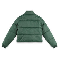 Back of Topo Designs Women's Puffer recycled insulated Jacket in "Forest" green.