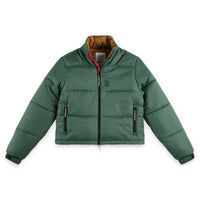 Topo Designs Women's Puffer recycled insulated Jacket in "Forest" green.