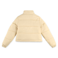 Back of Topo Designs Women's Puffer recycled insulated Jacket in "Sand" white