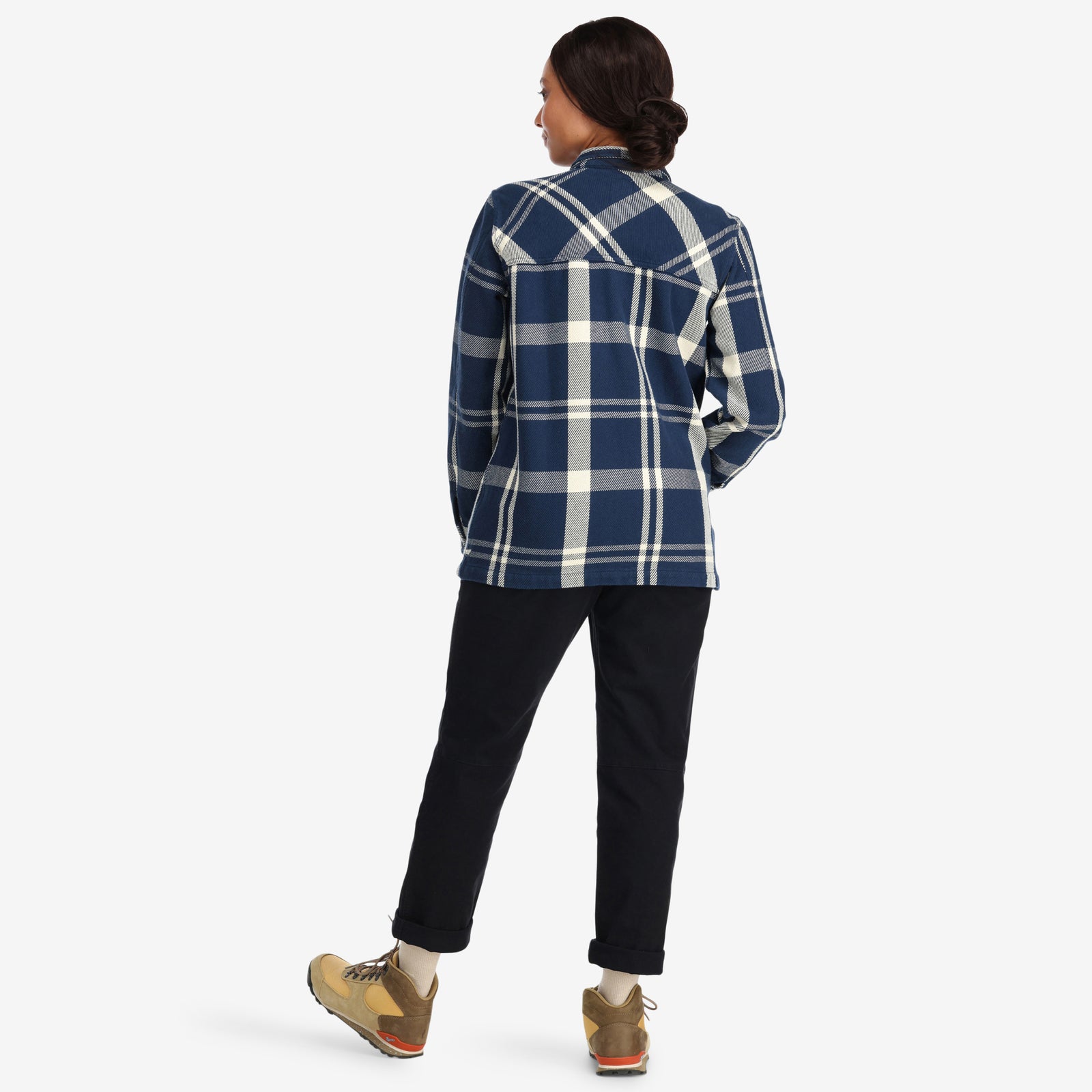 Back model shot of Topo Designs Women's Mountain Shirt Jacket in "navy / white plaid"
