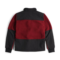 Back of Topo Designs Women's Subalpine sherpa Fleece jacket in "Burgundy / Black".