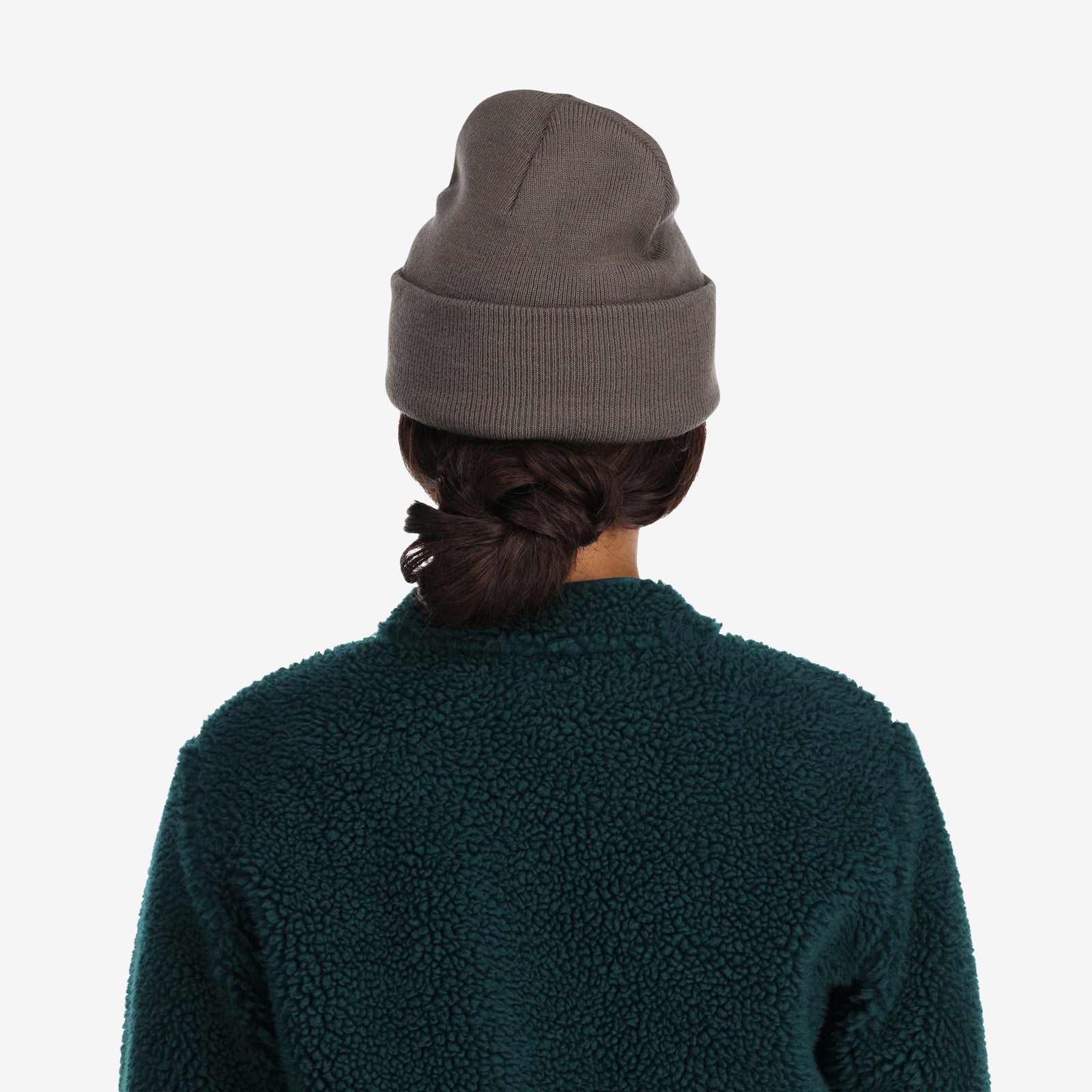 General back model shot of Topo Designs Work Cap cuffed beanie in "Charcoal" gray