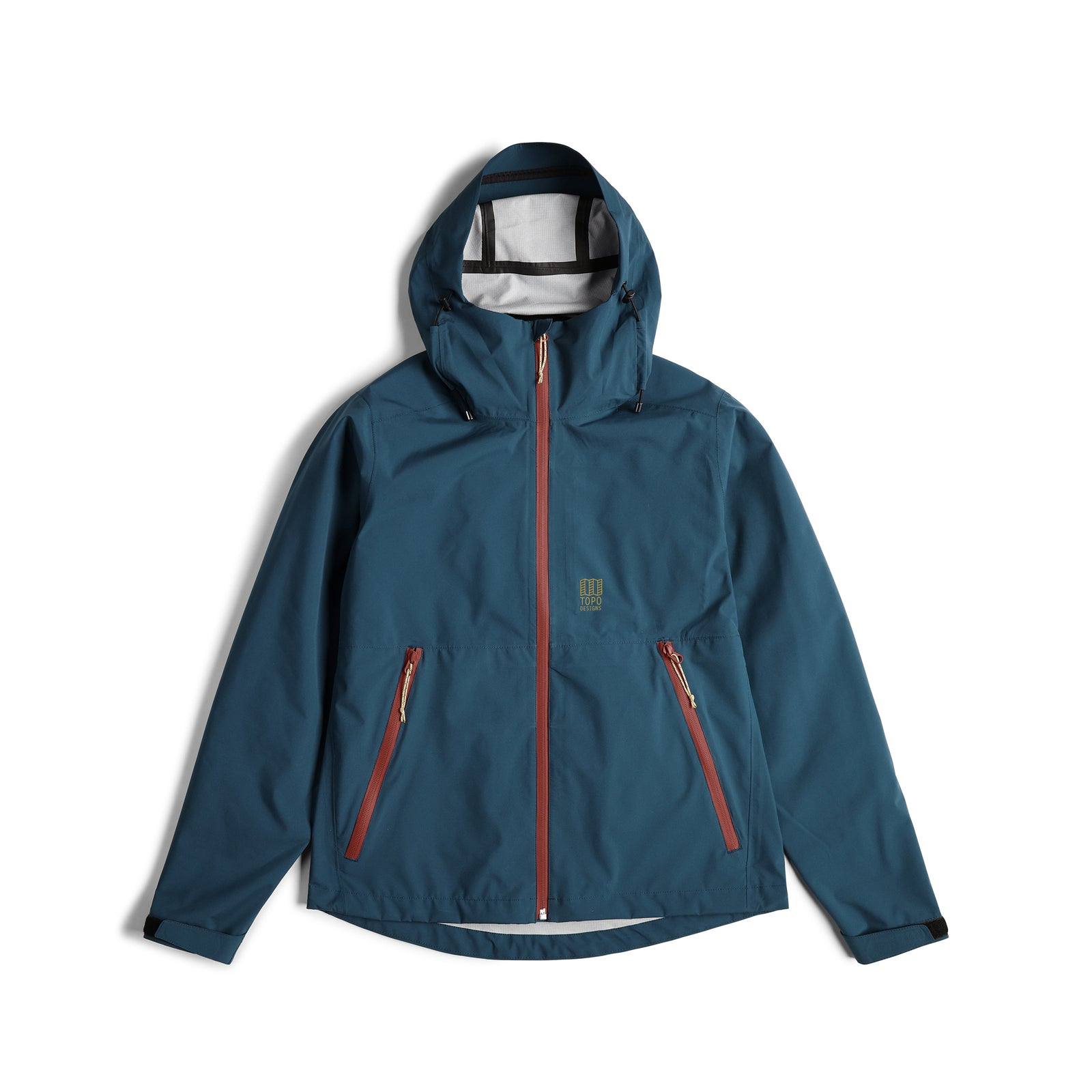 Topo Designs Men's Global Jacket packable 10k waterproof rain shell in recycled "Pond Blue" polyester.