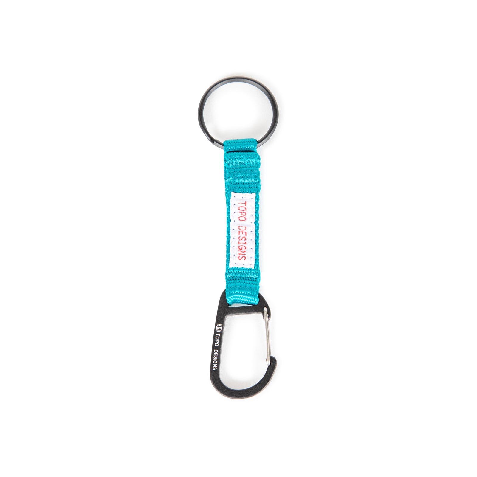 Topo Designs Key Clip carabiner keychain in "Turquoise" blue.