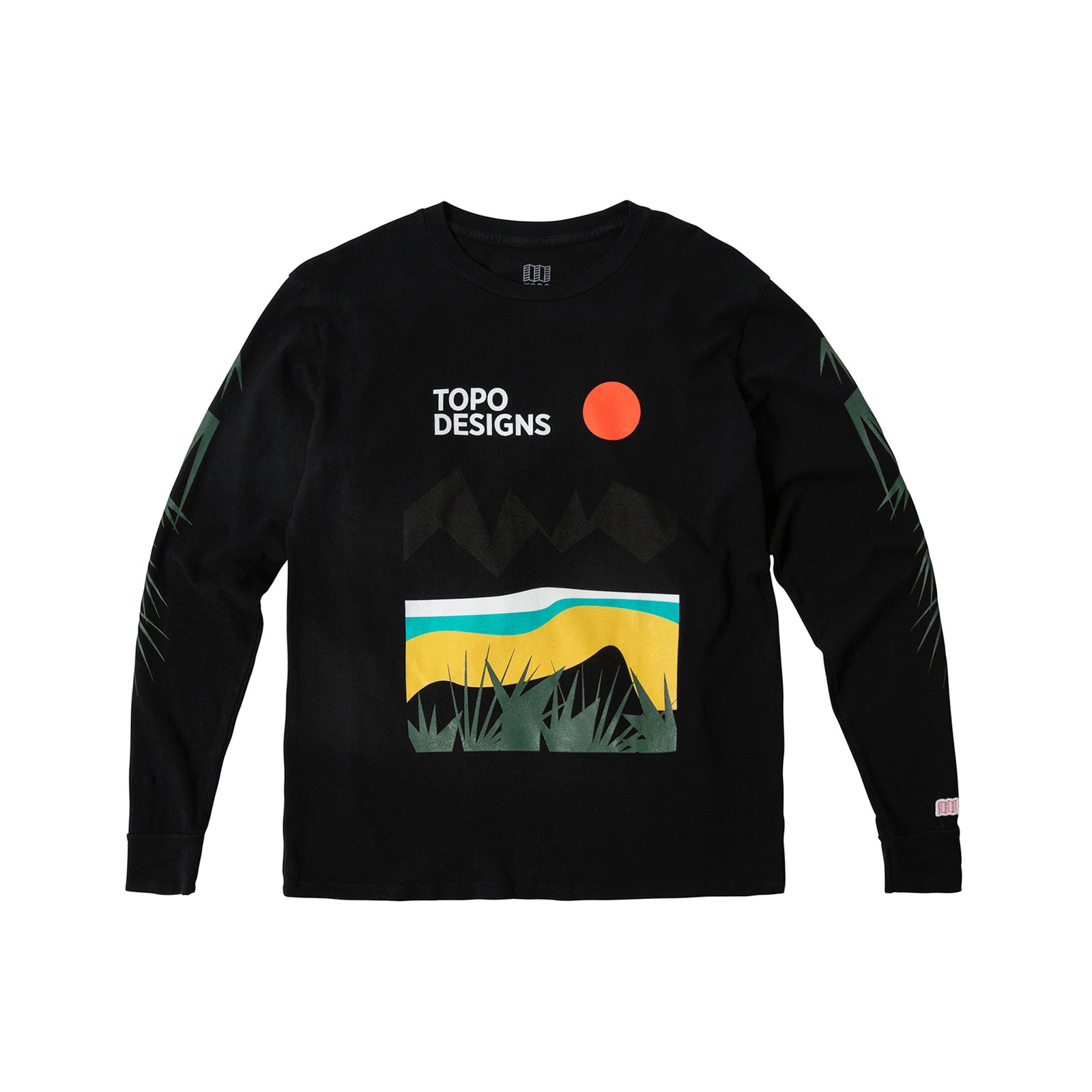 Topo Designs Men's Desert long sleeve 100% organic cotton graphic t-shirt in "Black".