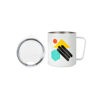 Full top product shot of the Topo Designs x Miir Camp Mug in "White Geo" showing lid fitting and geometric pattern.