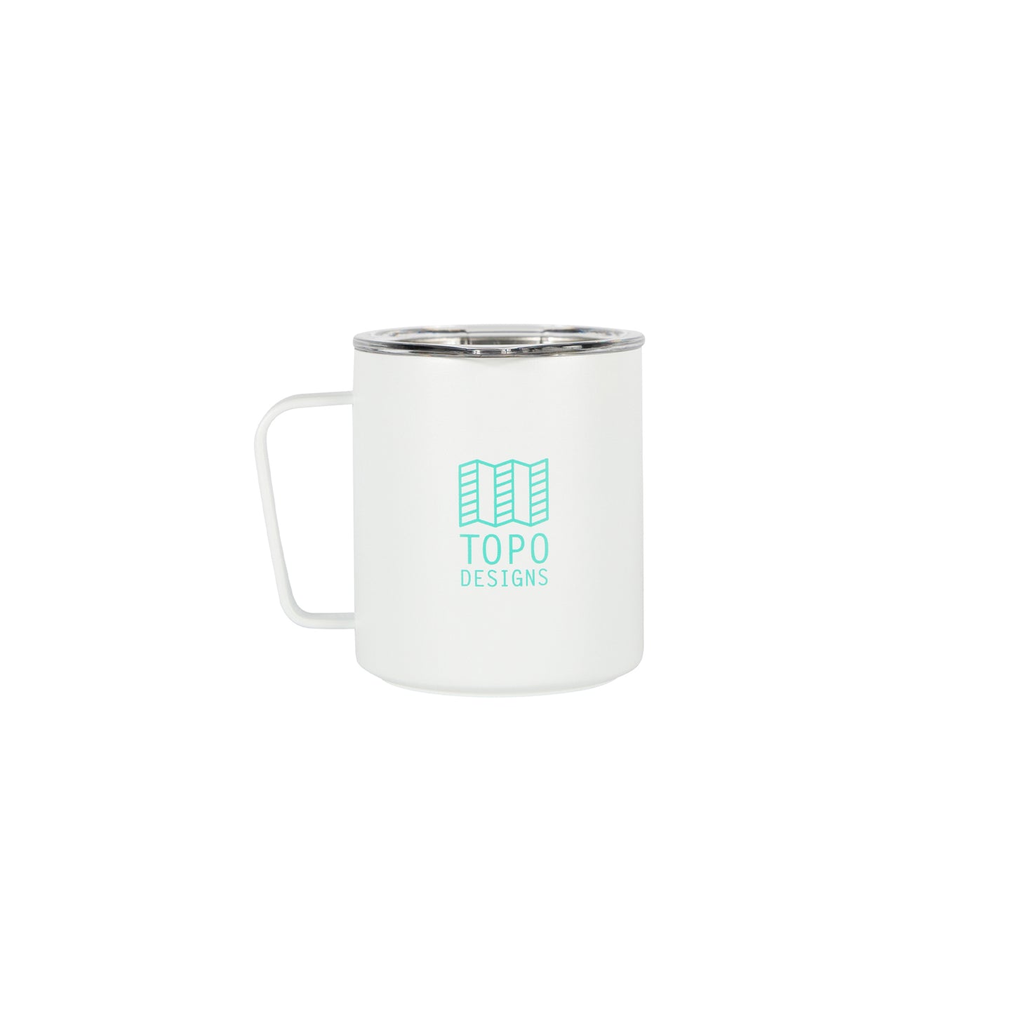 Full back product shot of the Topo Designs x Miir Camp Mug in "White Geo" showing Topo Designs logo design.